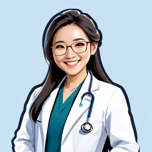 Using a professional image of a Chinese female physician as the avatar, wearing formal doctor's uniform or white coat, smiling, with long hair, no hat, stethoscope around the neck, holding files, wearing glasses, displaying confidence and friendliness of a doctor. The background color of the photo is light blue. sticker