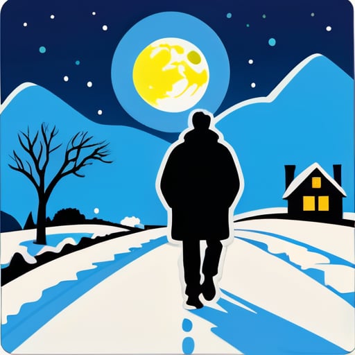 Un hombre solitario camina por un sendero rural recién nevado, con la brillante luna colgando en el cielo sticker