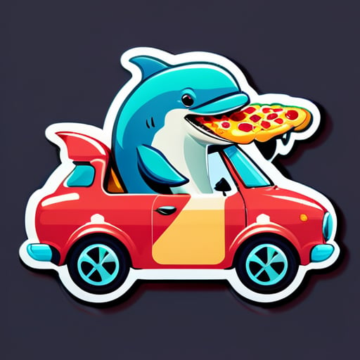 Ein Delfin fährt Auto und isst Pizza sticker