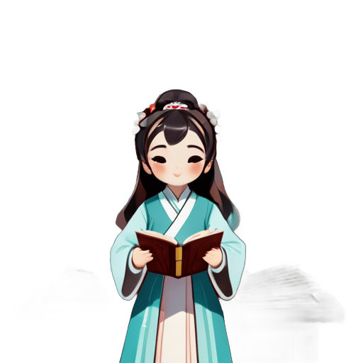 Một cô gái trẻ, mặc trang phục Hàn phục, đang chơi cầm trong một phòng sách có hàng loạt tủ sách ở phía sau, sách trên tủ có màu tự nhiên. sticker