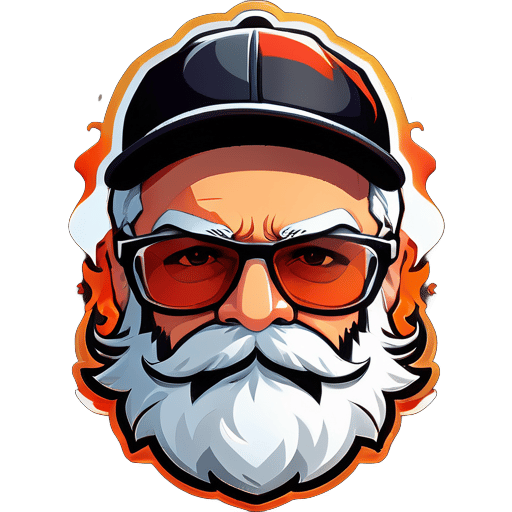 Beard: Well-groomed, stylish white beard for a wise and experienced look.
Glasses: Modern, sleek black glasses adding sophistication and intelligence.
Cap: Sporty cricket-style cap worn upside-down for a unique and playful touch.
Background: Fiery effects or flames in the backdrop to represent the intense action of Free Fire gaming. sticker