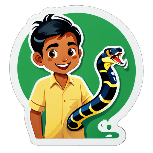 Un hombre sostiene una serpiente llamada Achal, es un niño pequeño de Bihar de 7 años de edad sticker