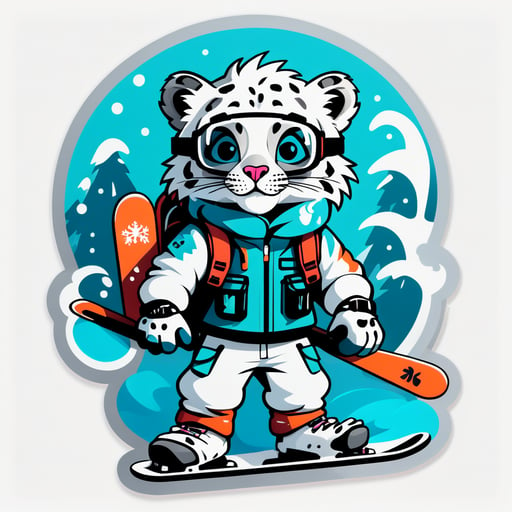 Um leopardo das neves com óculos de esqui na mão esquerda e uma prancha de snowboard na mão direita sticker