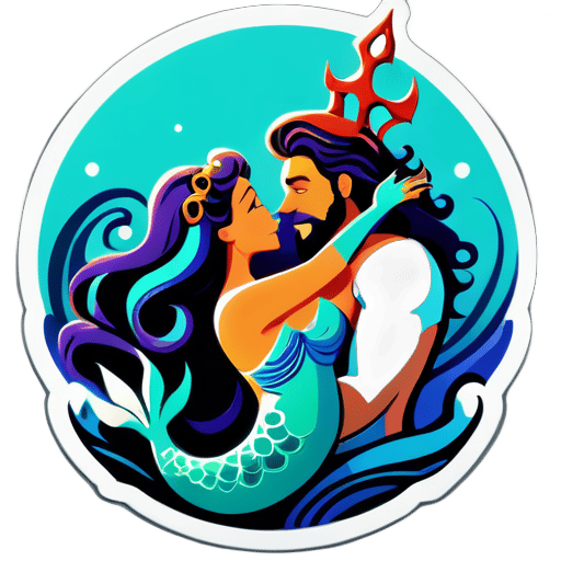 man with long curly hair and sea trident on his stomach kissing a beatifull mermaid sticker
