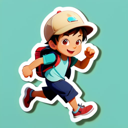 Một cậu bé nhỏ, đội mũ, mặc bộ đồ du lịch, sẵn sàng bắt đầu hành trình, hành động chạy nước rút, chân thực sticker