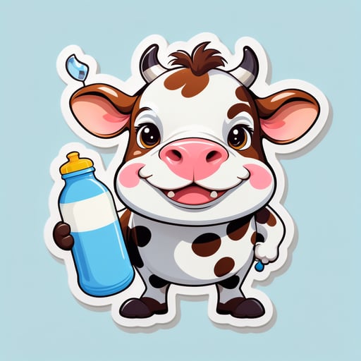 A cow with a bell in its left hand and a milk bottle in its right hand sticker