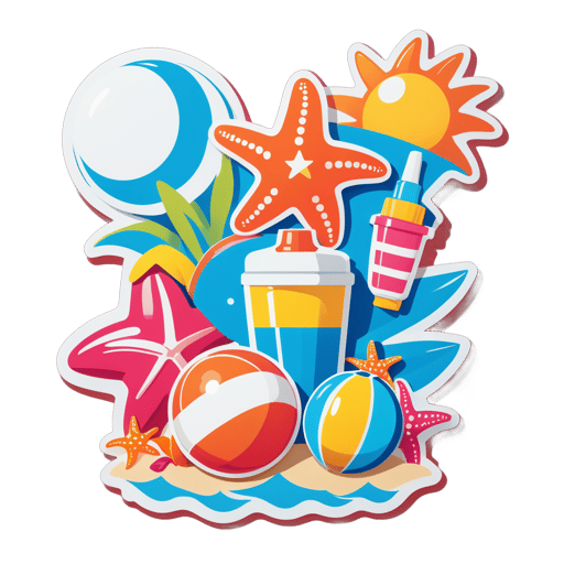 A starfish with a beach ball in its left hand and a sun lotion bottle in its right hand sticker