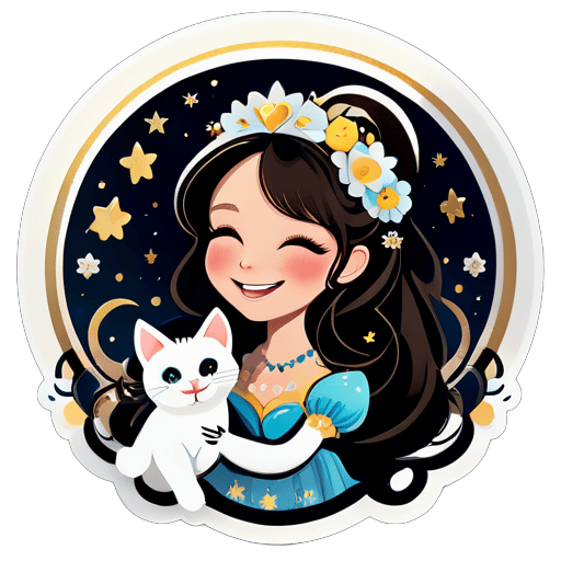 Smiling Sarah Brightman singing with her cat. Flowers and stars surround the heart. Exquisite details. sticker