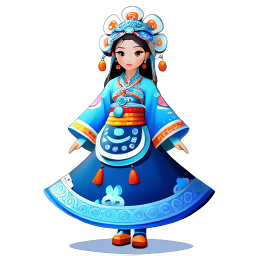 전신, 세 가지의 뷰를 생성하며, 미국 중국의 광저우성 미아오족 블랑촌 스타일을 입은 아름다운 중국 소녀가 미아오 은장식 모자를 쓰고, 복잡한 디테일, 정교한 패턴, 파란 배경을 특징으로 하며, IP 이미지, C4D 스타일, 만화적인 현실주의, 버블 마트, 3D 렌더링, 오버클럭 렌더링, 최고의 이미지 품질, 8K, 정면 뷰, 서 있는 자세. --ar 3:4 sticker