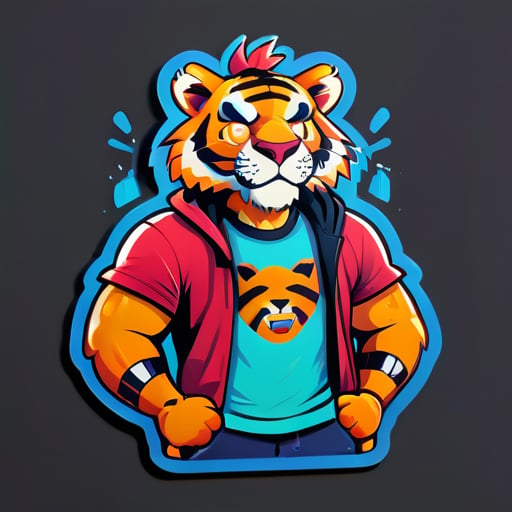 Ein anthropomorpher Tiger trägt ein T-Shirt bedruckt mit HXY sticker