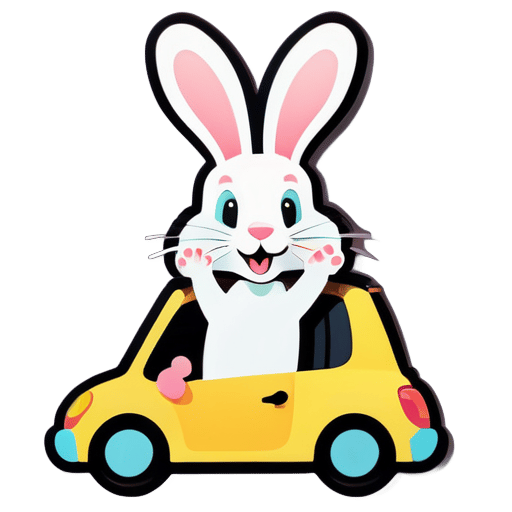 A picture of a rabbit driving a car with its paws raised high sticker