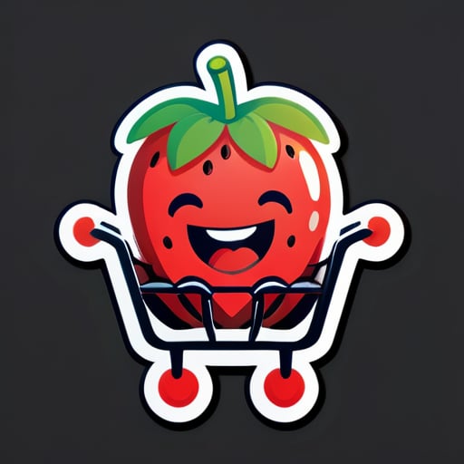 一颗举着双手开心大笑的草莓躺在购物车上 sticker