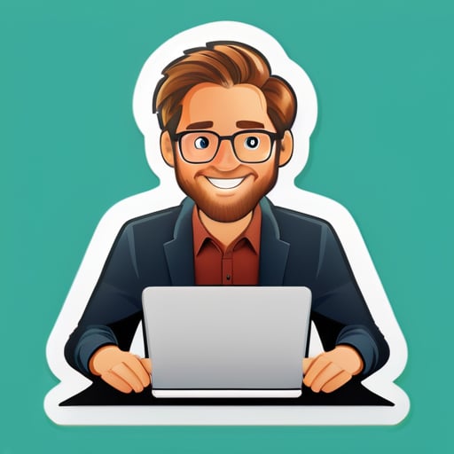 Create a sticker of owen cramer working at a desk answering emails
 sticker