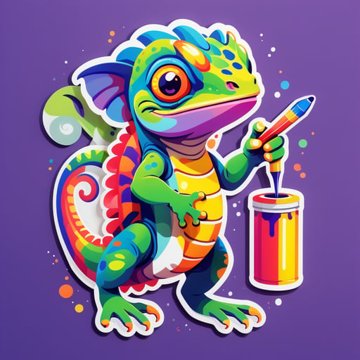 Un camaleón con un tubo de pintura en su mano izquierda y un lienzo en su mano derecha sticker