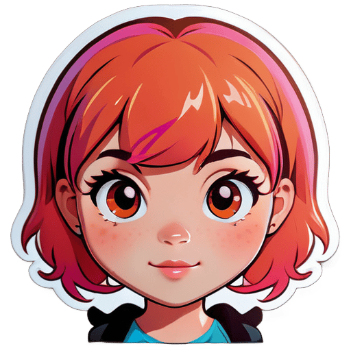 Cabeça de uma garota com cabelos rosa e laranja com franja Bonita e com olhos castanhos com sardas sticker