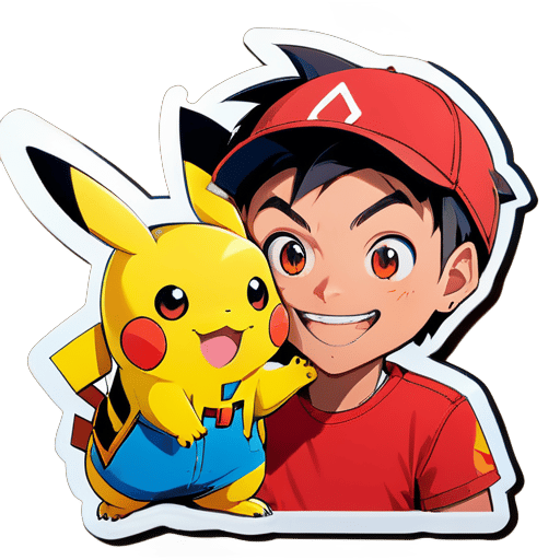 Pikachu y Ash con una linda sonrisa sticker