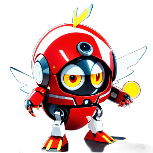 best quality，A robot，mecha，single person，non humanoid robot，designed to， resemble an angry bird，with an egg shaped mechanical head，a red and white， robot，mechanical legs and arms connected to the head，a fingerless mechanical， arm，no body parts，high reflection surface，black optical lens shaped eyes， with aluminum alloy ring，reflective eyes,
