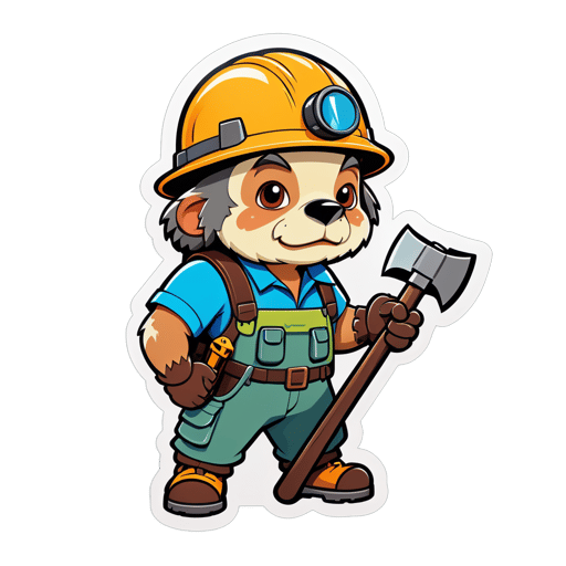 Un topo con un casco de minero en su mano izquierda y un pico en su mano derecha sticker