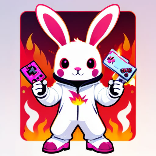 一个穿着白色兔子服装的风格化兔子角色，长耳朵齐全，自信地站在火焰和游戏元素的背景下。一只手拿着游戏手柄，另一只手竖起大拇指，角色散发出活力和兴奋。标志主要是白色，带有粉色装饰，捕捉了《自由之火》兔子套装的俏皮精神，同时融入了火红色。 sticker