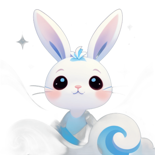 耳朵：長而尖的兔子耳朵，優雅地彎曲。臉部：兔子的臉部，表現出一種寧靜的表情，嘴巴小而閉合，眼睛表現豐富，膚色略帶天藍。表情：玩味而微妙寧靜的氣質。背景：背景呈現盤旋的雲彩和天藍色調。顏色：主要是白色，搭配天藍色點綴，展現寧靜的美感。 sticker
