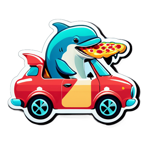 Un delfín conduciendo un coche mientras come pizza sticker