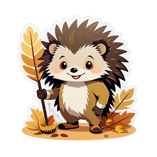 A hedgehog with a brush in its left hand and a pile of leaves in its right hand sticker