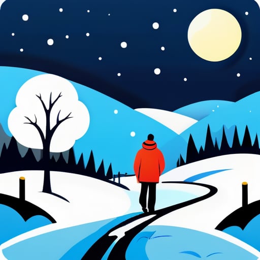 Un hombre solitario camina por un sendero rural recién nevado, con un pequeño río a un lado y una brillante luna en el cielo. sticker