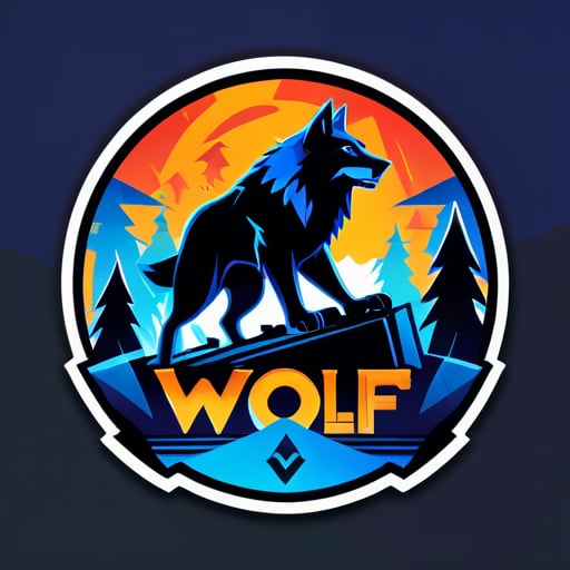 標誌呈現了一隻流暢而兇猛的狼的輪廓在奔跑中，象徵著敏捷和力量。在狼的背後，一個抽象的遊戲元素背景，如控制器、鍵盤和搖桿，增添了動感。文字"Wolf's Den Gaming"是粗體且現代化，與狼的主題相輔相成。色彩方案包括深藍和黑色，喚起神秘和強烈的感覺。 sticker