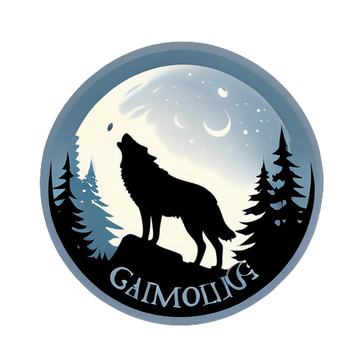 一只宁静的灰狼剪影，带着一种柔和的光辉，宛如月光。文字“MoonlitHowl Gaming”优雅而优美，捕捉到了夜晚的宁静。 sticker