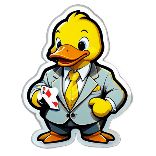 Sticker of a cute cartoon yellow duck wearing a business suit and playing gambling , Sticker, Adorable, Muted Color, kinetic art style, Contour, Vector, White Background, Detailed sticker