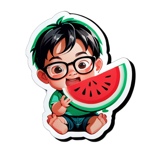 generate the stricker of baby boy which he is eating watermelon and he weared big glasses sticker