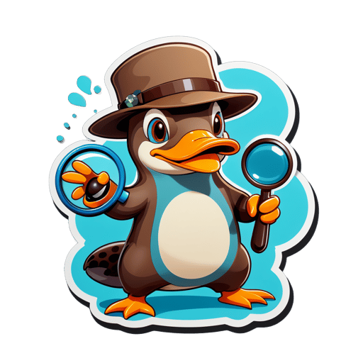 A platypus with a detective hat in its left hand and a magnifying glass in its right hand sticker