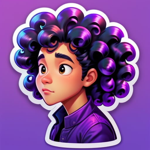 Hair: Black shiny curly hair, slightly longer but not past the neck. Ethnicity: Asian, leaning towards East Asian, fair skin tone. Expression: Contemplating a tricky bug. Occupation: A skilled modern programmer. Background: Gradient purple, circular. Gender: Male sticker