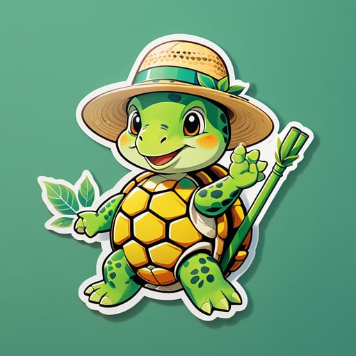 Una tortuga con una hoja en su mano izquierda y un sombrero de paja en su mano derecha sticker
