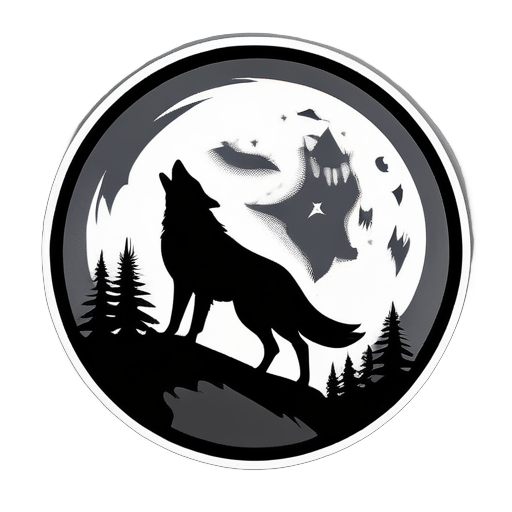 달이 떠 있는 배경에 회색 늑대 실루엣. 'Lunar Wolf Gaming'이라는 텍스트는 세련되고 현대적이며, 섬세한 달 테마의 강조가 있습니다. sticker