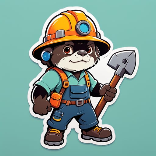 Uma toupeira com um capacete de mineiro em sua mão esquerda e um pico em sua mão direita sticker