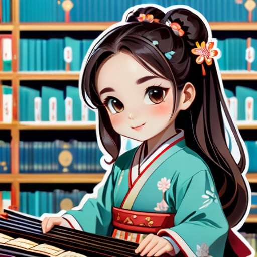 A young girl, wearing Hanfu, playing the guzheng in a study with rows of bookshelves in the background. sticker