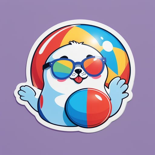 Una foca con una pelota de playa en su mano izquierda y un par de gafas de sol en su mano derecha sticker