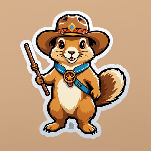Um cão da pradaria com um chapéu de cowboy em sua mão esquerda e um laço em miniatura em sua mão direita sticker