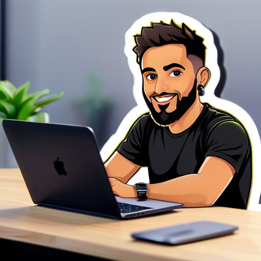 i would like stiker from me i m boy aged 29 years old  from morocco short dhort short  hear and short beard , working on programin so i need a laptop on the sticker with a hacker background and i have a chiness eyes and i have a strong body can i have all the body on the sticker with the laptop sticker