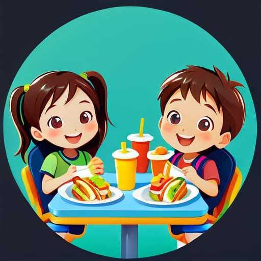 Les élèves du primaire mangent ensemble joyeusement pendant la garde de midi. sticker