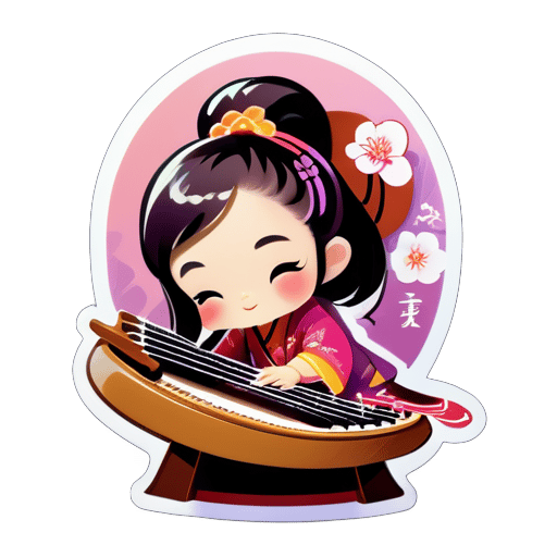 Créer un avatar : une petite fille jouant du guzheng, style classique chinois, avec le caractère 'orchidée' en arrière-plan sticker