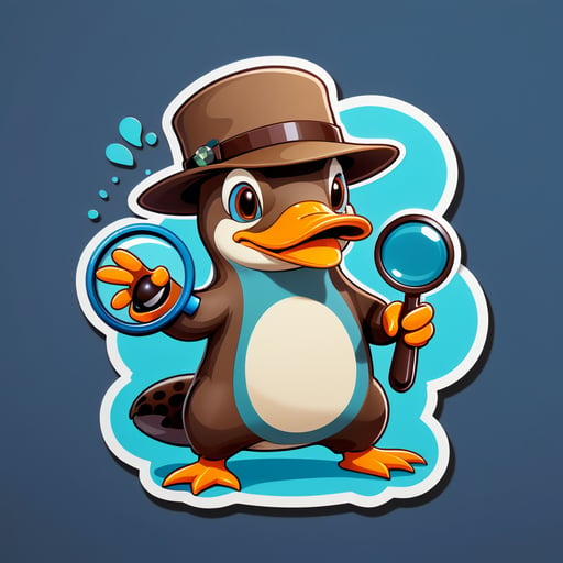 A platypus with a detective hat in its left hand and a magnifying glass in its right hand sticker