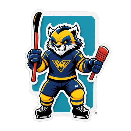 A wolverine with a hockey stick in its left hand and a puck in its right hand sticker