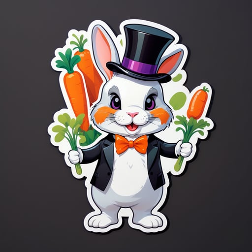 Un lapin avec une carotte dans sa main gauche et un chapeau haut-de-forme dans sa main droite sticker