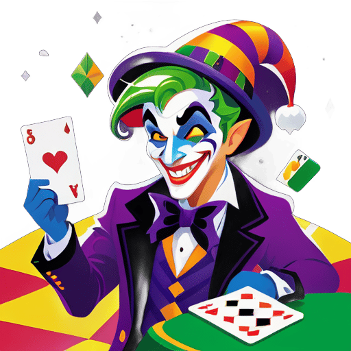 A mischievous joker character with a sly grin and vibrant attire, ready to play their hand in the game of life. Sporting a colorful jester's hat adorned with bells and a striking face paint design, they exude an air of whimsy and unpredictability. With one hand holding a deck of cards and the other gesturing confidently, they invite players to join them in their daring gambit. The background featu sticker
