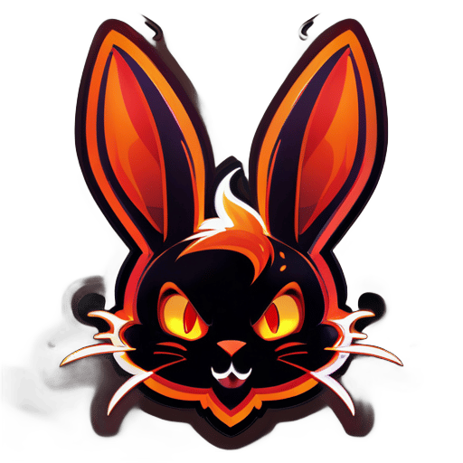 耳朵：長而尖的兔子耳朵，帶著一絲惡魔般的曲折。臉部：狡猾的兔子，眼睛燃燒著火焰。表情：玩味卻帶著微妙的邪惡笑容。背景：火焰和熾熱效果。顏色：深色調搭配強烈的紅色和橙色。 sticker