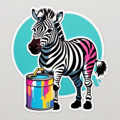 Uma zebra com uma lata de tinta na mão esquerda e um rolo de pintura na mão direita sticker