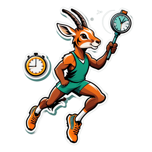 An antelope with a sprinter baton in its left hand and a stopwatch in its right hand sticker