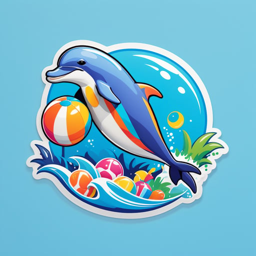 Un delfín con una pelota de playa en su mano izquierda y un tubo de snorkel en su mano derecha sticker